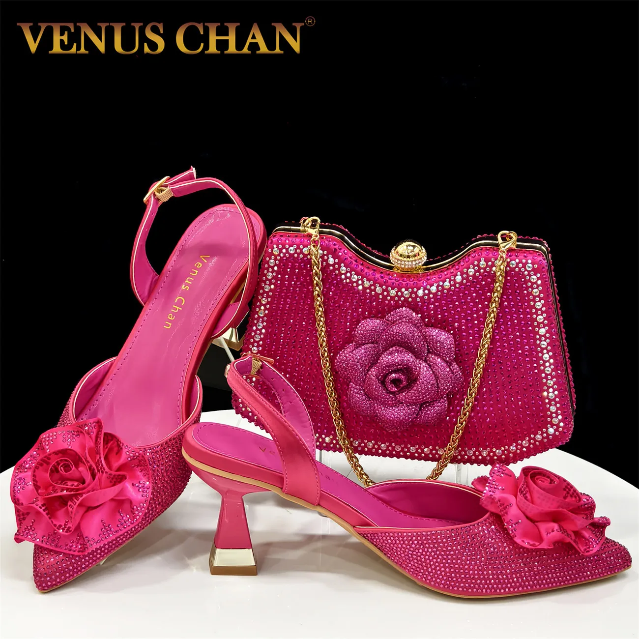 

Shiny Fuchsia Color Shoes and Bag Elegant Handbags and Medium Heel Shoes Beautiful Handmade Flowers For Wedding Party