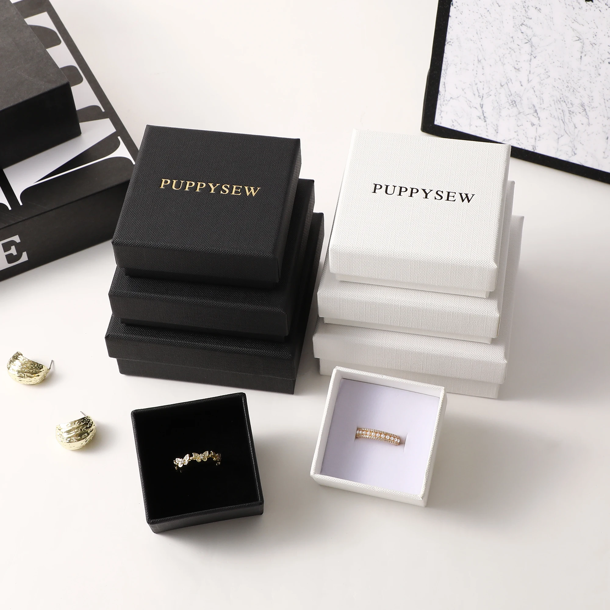 

50-500pcs White Black Box Jewelry Packaging Box Buckle Lid Box With Base Box With Foam Custom Logo