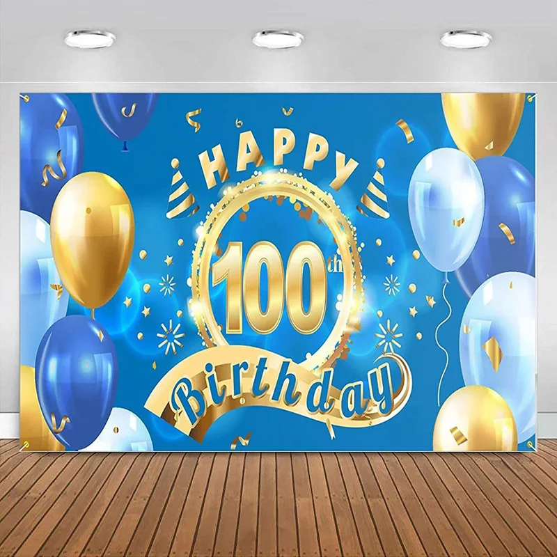 

Happy 100th Birthday Backdrop Banner Decor Blue Cheers to Party Theme Decorations for Men Women Supplies Photography Background