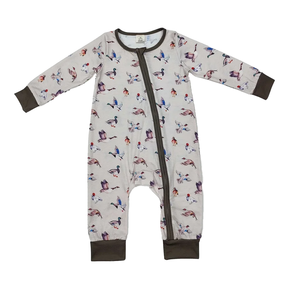 

Baby Infant Boys Grey Fall Ducks Bamboo Hunting Zip Rompers