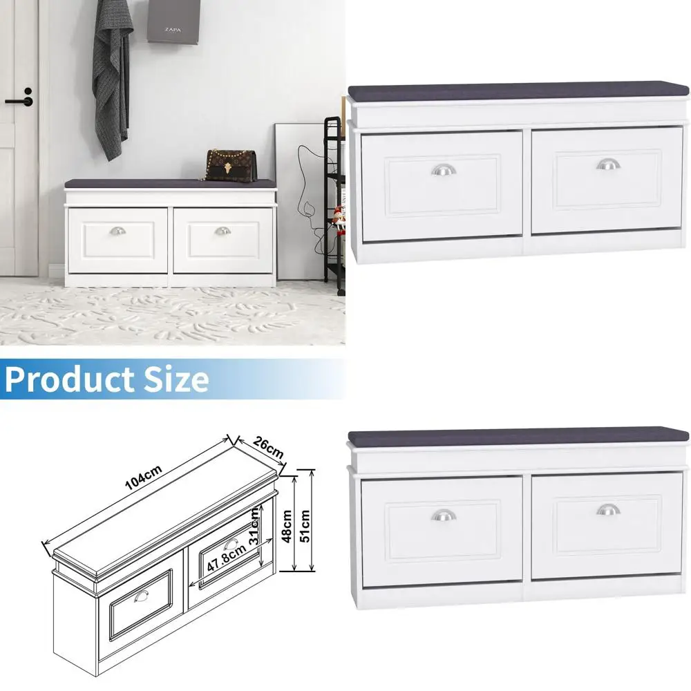 

Shoe Storage Bench with Cushion Seat and Flip-Drawer for Hallway, Mudroom (White, 2 Drawers)
