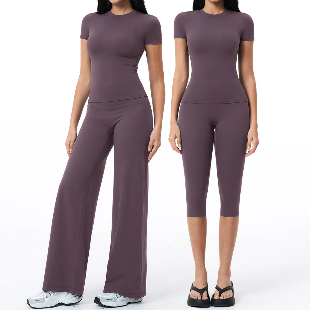 

2PCS Yoga Set Women's Fitness Suit Workout Clothes Athletic Wear Gym Short Sleeves Sports Suit Female Flared Pants Yoga Outfits