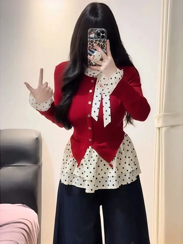

plus Size Korean Polka Dot Long Sve Base T-irt Women's Autumn Winter Design Knot Plump MM Slim Inner Wear Top