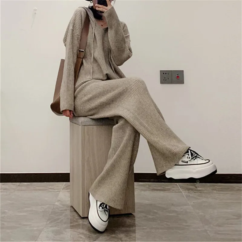Women Pant Sets Knitted Casual Loose Sweater Two Pieces Set Hooded Drawstring Y2k Tops Slit Wide Leg Elastic Waist Pants Suits