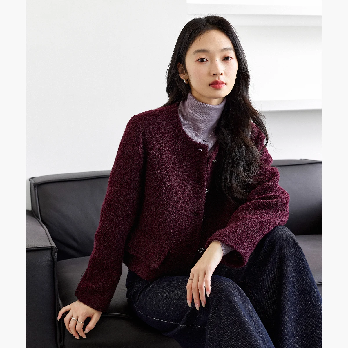 VIMLY سترة الشتاء للنساء 2025 خمر بورجوندي س الرقبة تويد سترات قصيرة أنيقة الصوف مزيج مبطن معاطف السيدات M9320 #2