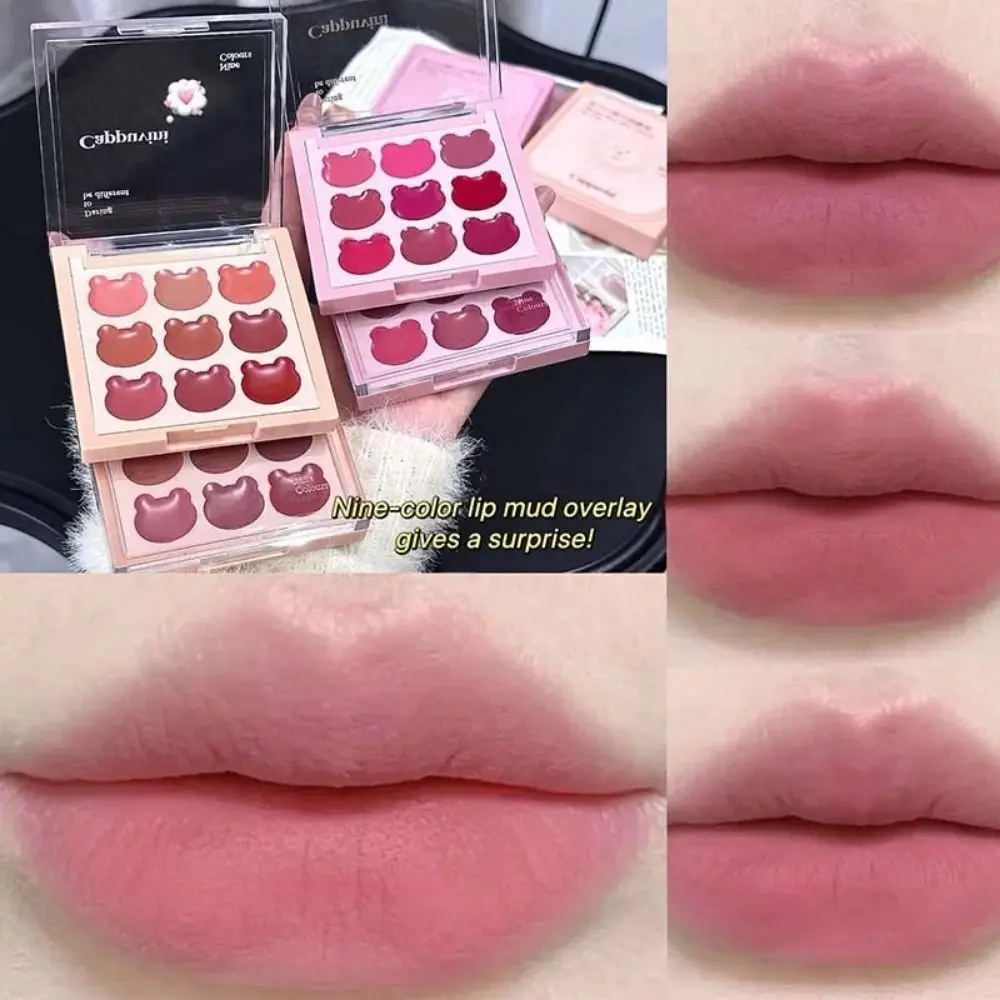 Sweet 9-Color Bear Lip Mud Smooth Texture Cute Matte Lipstick Palette Moisture DIY Combinations Rose Red Lip Gloss Cosmetic