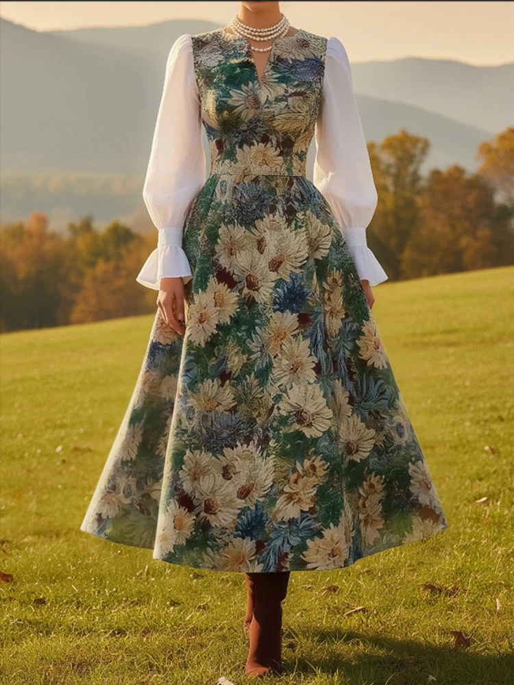Robe longue à imprimé Floral pour femmes, tenue de soirée dans le jardin, coupe cintrée, élégante, col en v, manches lanternes, printemps, nouvelle collection 2026