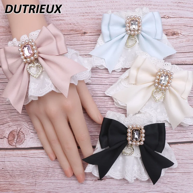 

Sweet Cute Women's Accessories Pure Cotton Embroidered Lace Bow Rhinestone Lolita Japanese Style Oversleeves for Lady