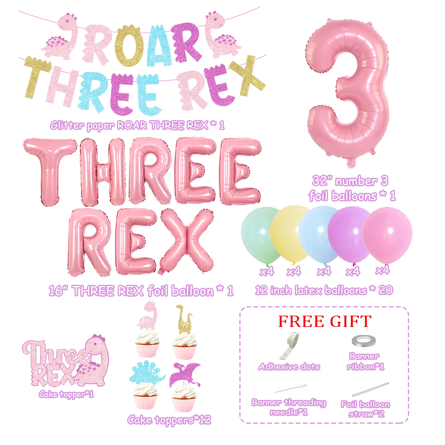 Pink Dinosaur 3rd Birthday Party Decorations with ROAR THREE REX Glitter Banner Cake Toppers Number 3 Foil Balloons for Girls