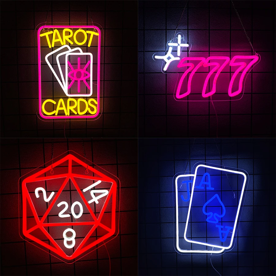 Playing Cards Neon Sign – Dimmable Poker Dice LED Light With USB Power, Ice Blue+White+Red, Perfect Wall Decor For Game Room, Casino, Bar, Or Man Cave