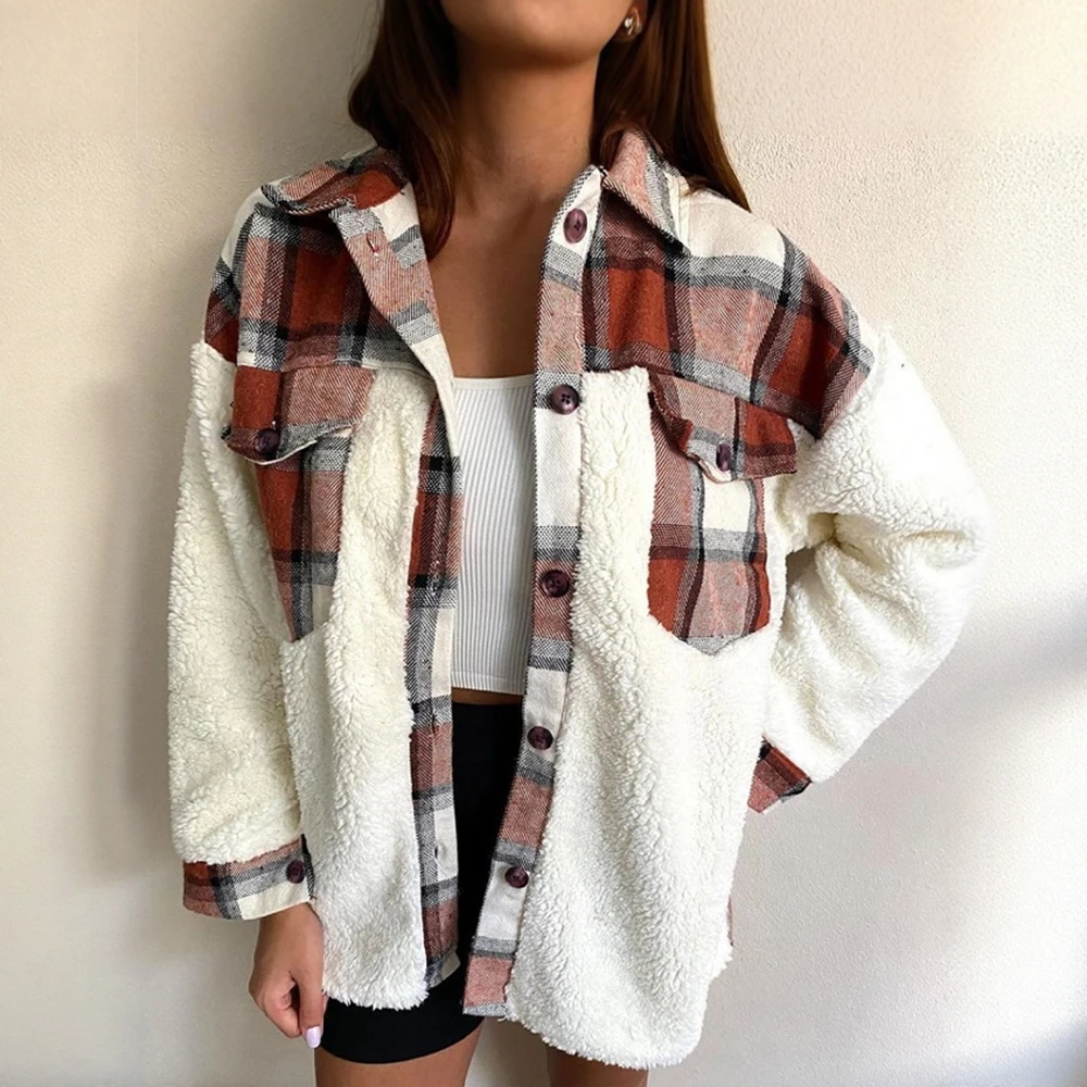 

Women's Casual Patchwork Plaid Jacket Long Sleeve Lapel Pockets Button through Autumn Daily Wear Fashion Top