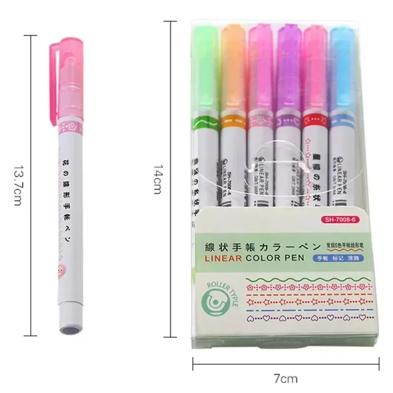 6Pcs/box of Kawaii Flowers Line Shaped Highlighter Pens Roller Tip Curve Liner Marker for Writing Journaling Drawing Stationery