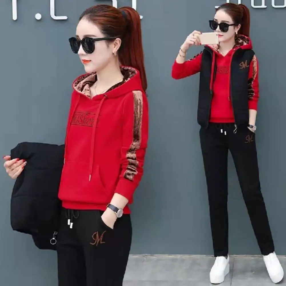 Ladies Winter Tracksuit Stylish 3-piece Women\'s Waistcoat Set Letter Embroidery Hooded Drawstring Elastic Cuff Soft for Fall