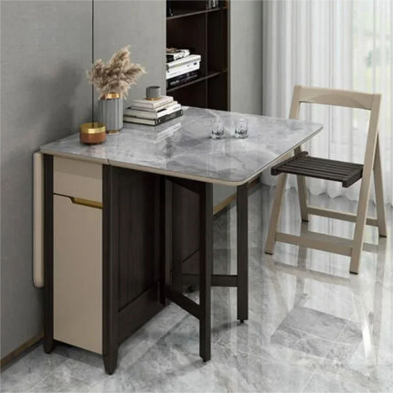 

'Folding Dining Table, Marble and Wood Foldable Dinning Room Furniture Space Saving Set