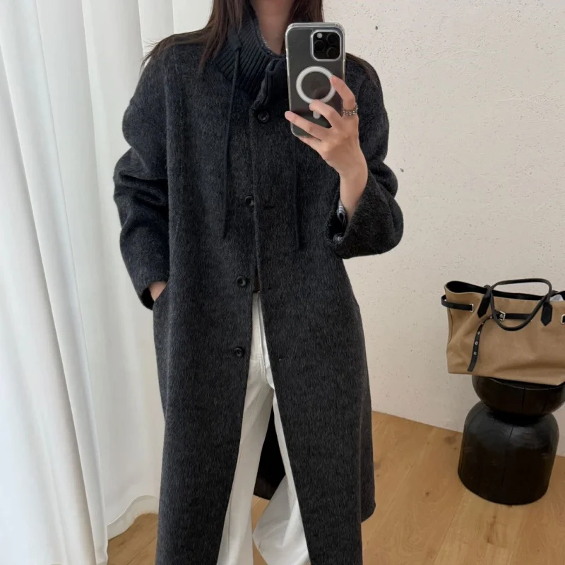 Autumn and winter original temperament silhouette stand collar old money style hand sewn double-sided woolen coat medium long wo