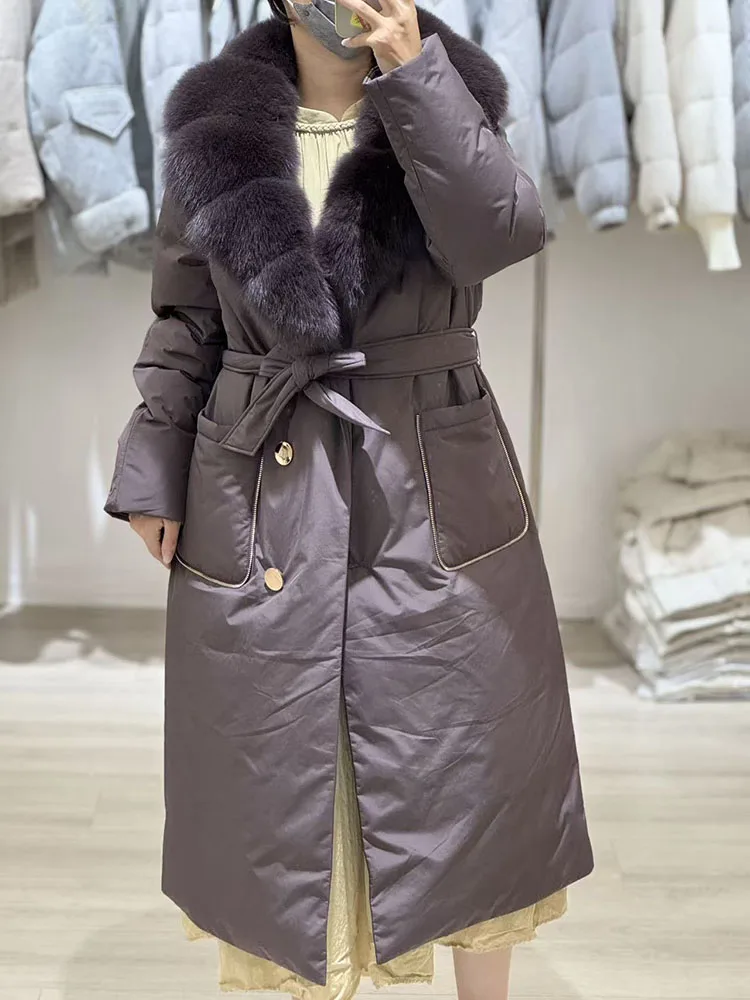 Long collar belted down jacket with down filling - thick and warm winter waist-hugging parka for 2026 winter season new style