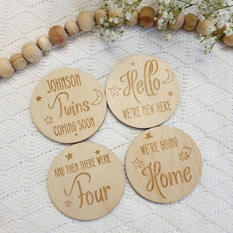 Personalized Wooden Twins Baby Photo Props Twin/Triplet Pregnancy Announcement Plaques Hello World Baby Milestone Cards Newborn