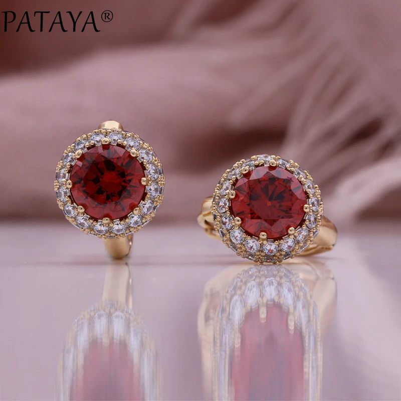 PATAYA New 585 Rose Gold Color Drop Earrings for Women Round Cut Dazzling Red Natural Zircon Accessories Daily Fine Jewelry