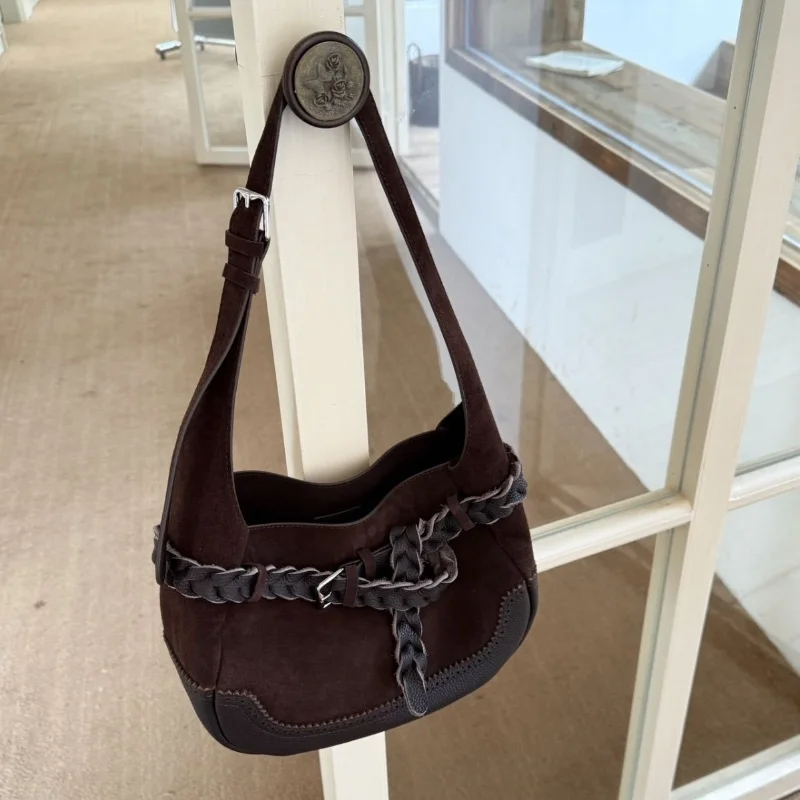 

2025 Vintage Matte Suede Weaving Belt Deco Underarm Bag for Women New Genuine Leather Shoulder Crossbody Bag Trendy Hobo Bag