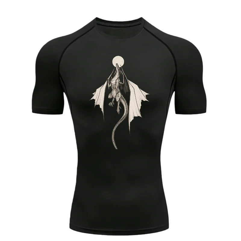 Flying Dragon and The Moon Design Men Sports T-shirt Training Fitness Compression Rashgard Tops Quick Dry Short Sleeve T-Shirt