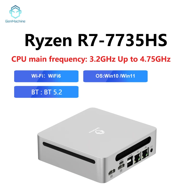 Genmachine New Ryzen7 7735HS 32G RAM+512G SSD Mini PC Windows 11 WiFi 6 Gaming PC 8Cores 16Threads CPU DDR5 6400Mhz Ram Display