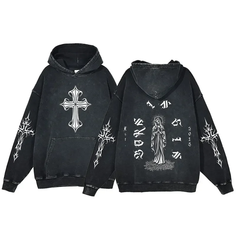 

Y2K Hooded Sweatshirt Unisex Harajuku Cross Print Fashion Long Sleeve Pullover Men Vintage Hip Hop Goth Casual Hoodie Streetwear