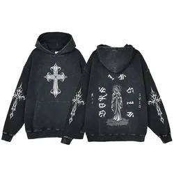 Y2K Hooded Sweatshirt Unisex Harajuku Cross Print Fashion Long Sleeve Pullover Men Vintage Hip Hop Goth Casual Hoodie Streetwear