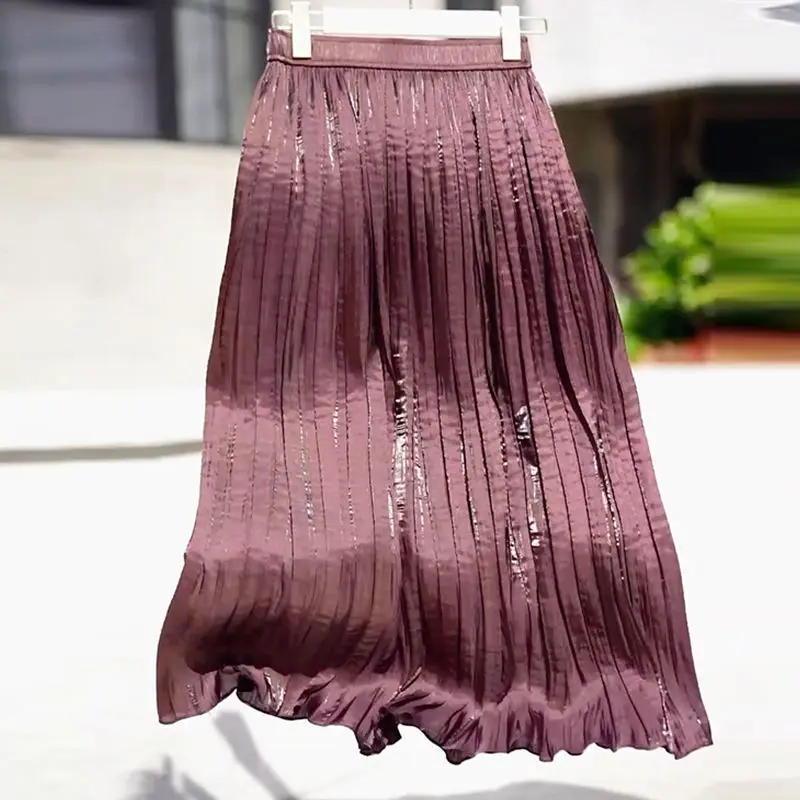 Luxury Fashion Comfortable High Waist Elegant Chic Leisure Pleated Skirt Women Metallic Bright Color Fluorescent Midi Skirts Y2K