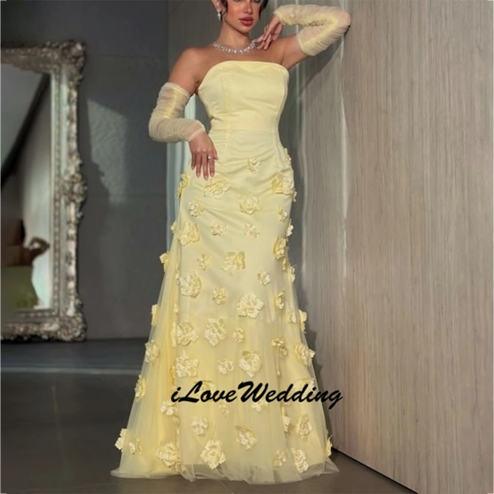 

Elegant Yellow Saudi Dubai Evening Gown 3D Flowers Tulle Sleeves Long Prom Party Dress Customized 2025 Special Occasion Dresses