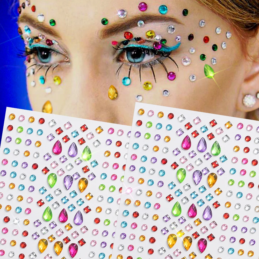 

1PC 3D Colorful Large Square Teardrop Face Sticker Glitter Diamond Face Gems for Festival Makeup Party DIY Adhesive Face Tattoos