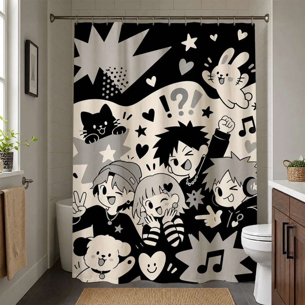 Kawaii Anime Friends Shower Curtain Cartoon Pop Culture Bathroom Decor Cute Character Shower Curtain