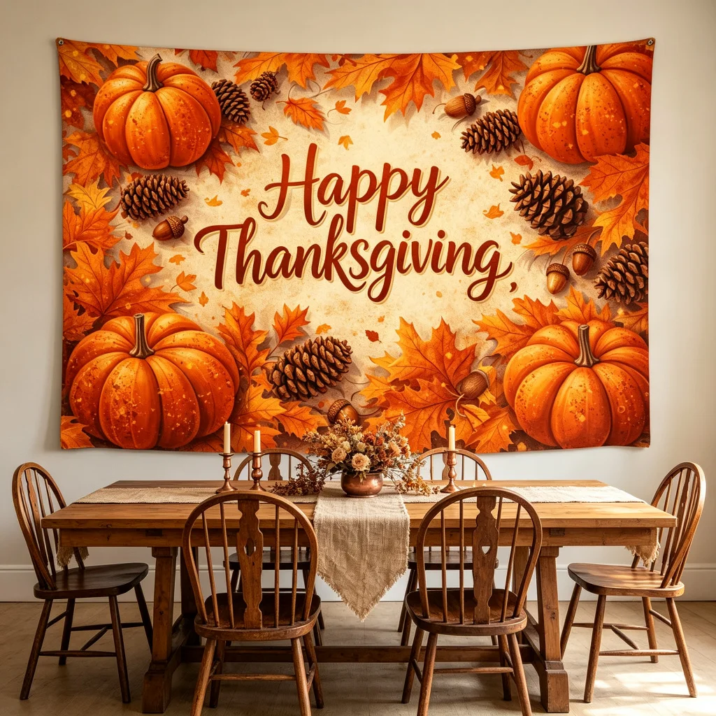 1PC Thanksgiving Fall Thanksgiving Harvest Pumpkin Corn Wheat Print Backdrop Banner, Bedroom Photo Background, Polyester