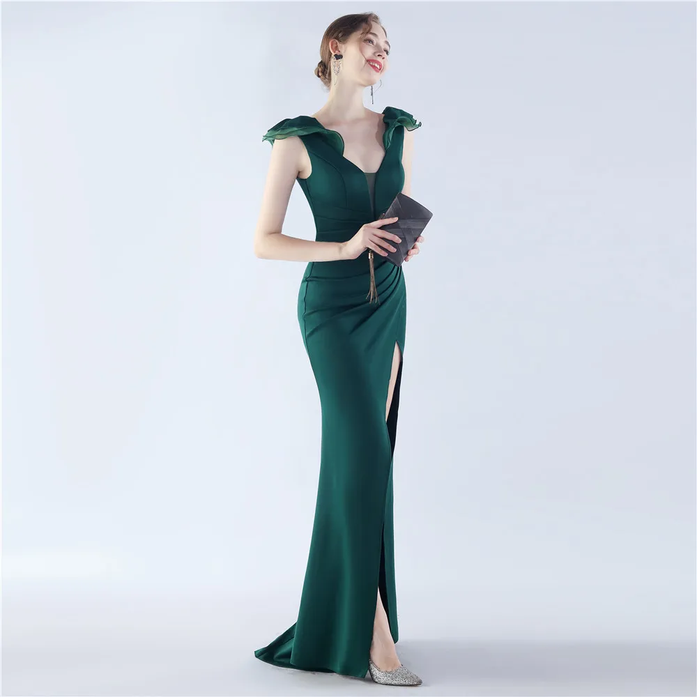 DEERVEADO Mermaid V Neck Slit Soft Satin Evening Dress Long for Woman Cap Sleeves Party Maxi Dress Formal Dress Prom Gown