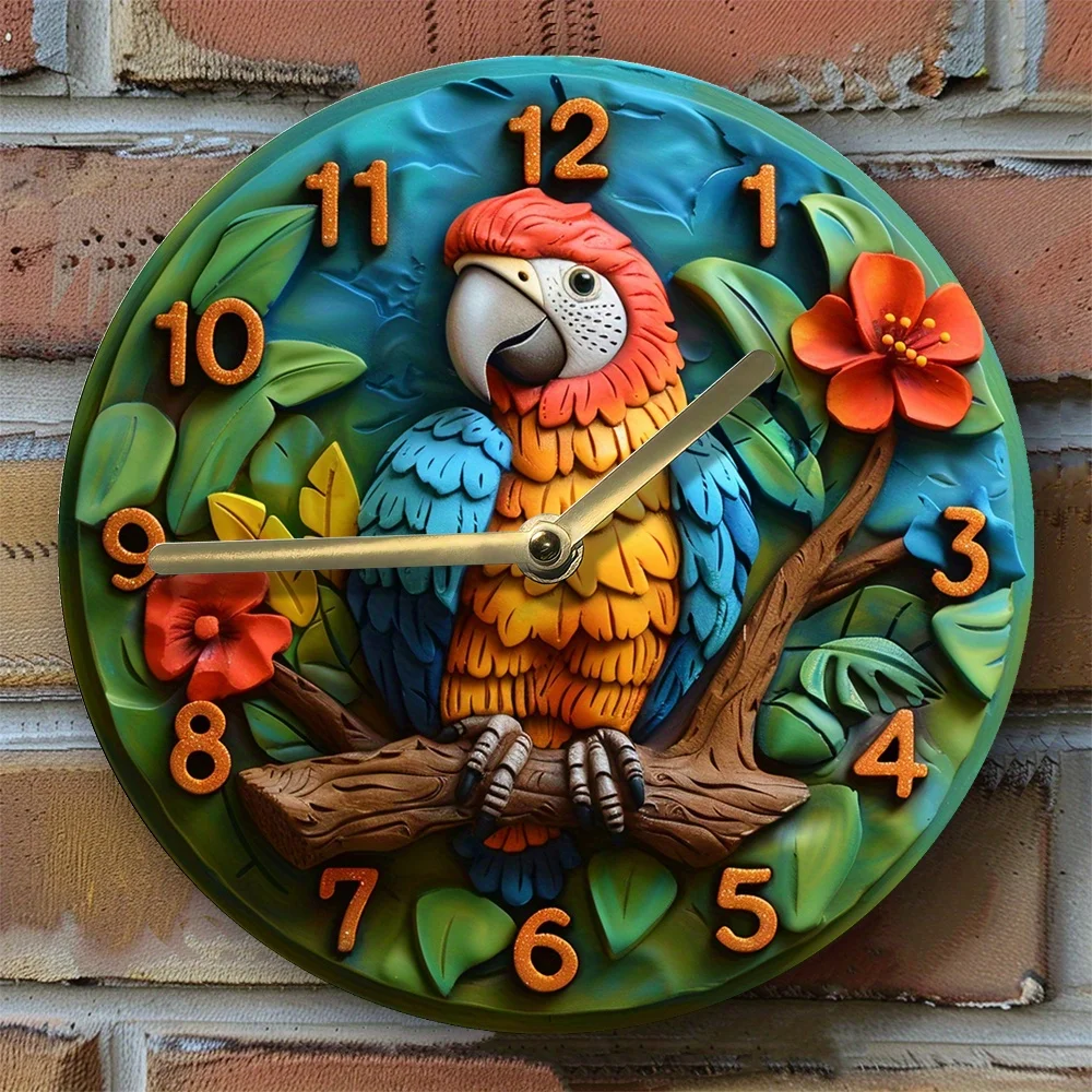 

Parrot-Themed DIY Wall Clock Kit - 2D High-Definition Silent Timepiece, Tropical Bird & Flowers Design, Includes Clock Movement