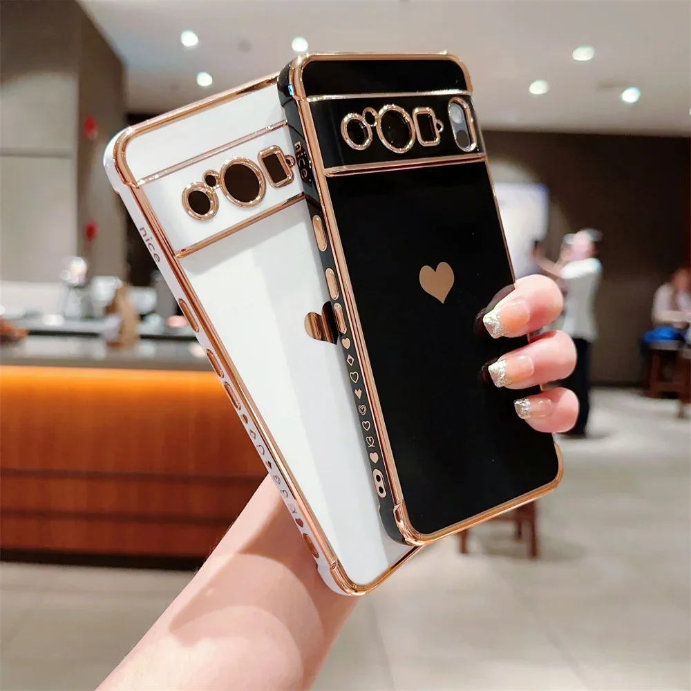 For Pixel 8 Pro 9 Fashion Love Heart Plating Case for Google Pixel 7A Pixel 8 9 Pro ProXL Shockproof Soft Lens Protection Cover