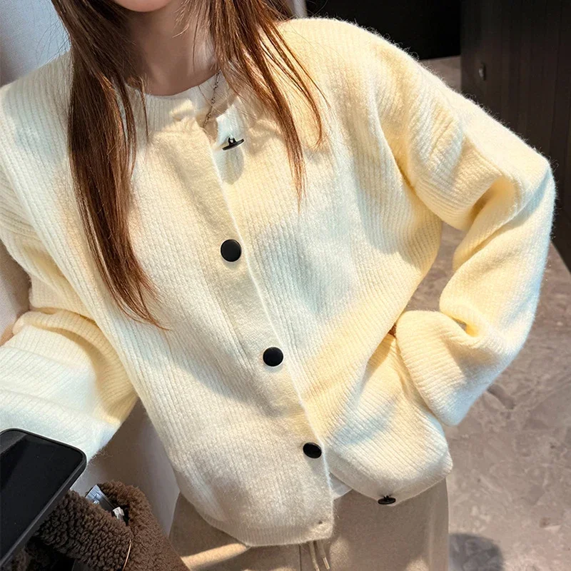 Winter Thicken Autumn Warm Knitted Cardigans Women Korean Round Neck Single Breasted Sweater Cardigan Wild Solid Loose Cardigan