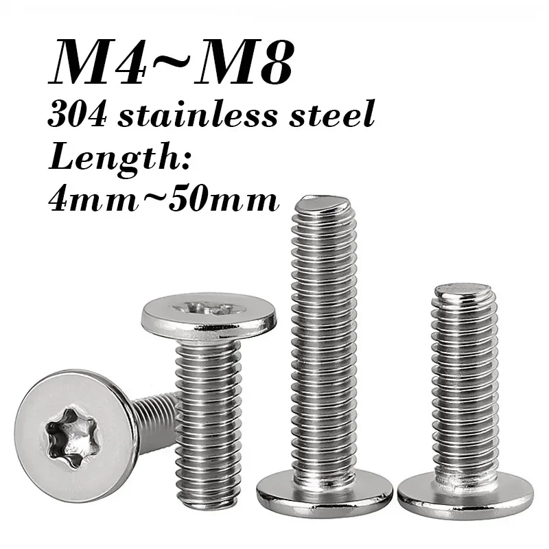 10~100 Pcs Six-Lobe Flat Head Screw M4 M5 M6 M8 Ultra Thin Super Low 304 Stainless Steel Torx Flat Head Bolt