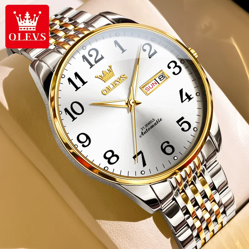 OLEVS 6666 Jam Tangan Pria Baja Tahan Karat Tahan Air Jam Tangan Kalender Tampilan Minggu Jam Tangan Pria Mekanis Otomatis Bisnis Klasik