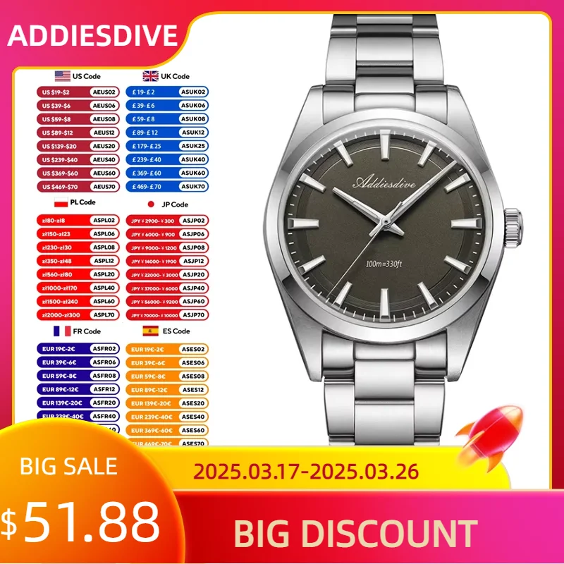 ADDIESDIVE AD2066 Men's Quartz Watch Bubble Mirror Glas Stainless Steel Wristwatch 100M Waterproof Super Luminous Simple Watches