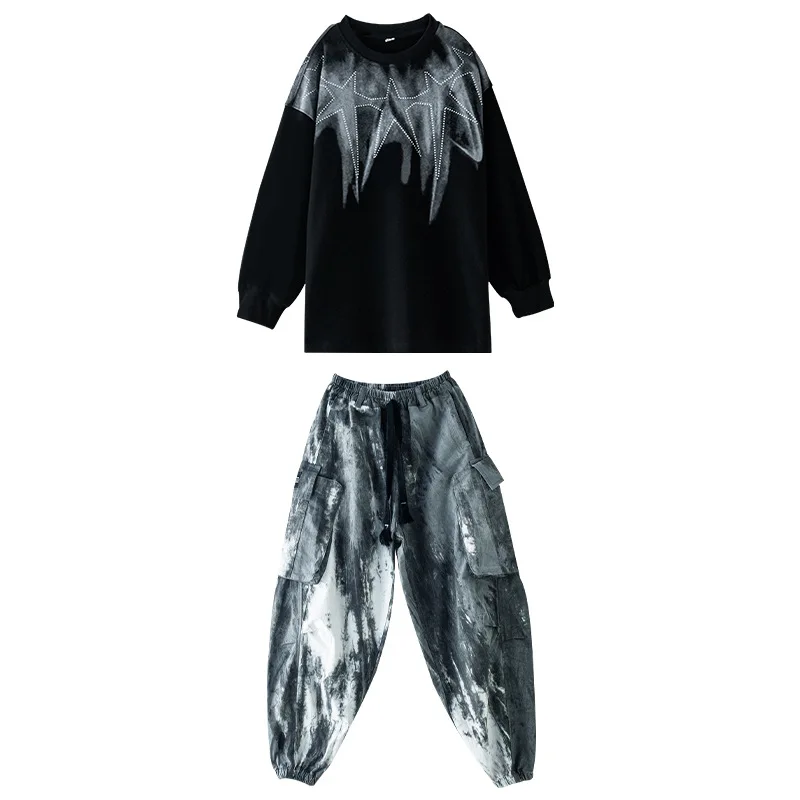 Chłopcy Hip Hop Odzież Black Stars Top Street Tie Dye Cargo Jogger Spodnie dla dziewczynek Dzieci Jazz Kostium taneczny Zestawy ubrań