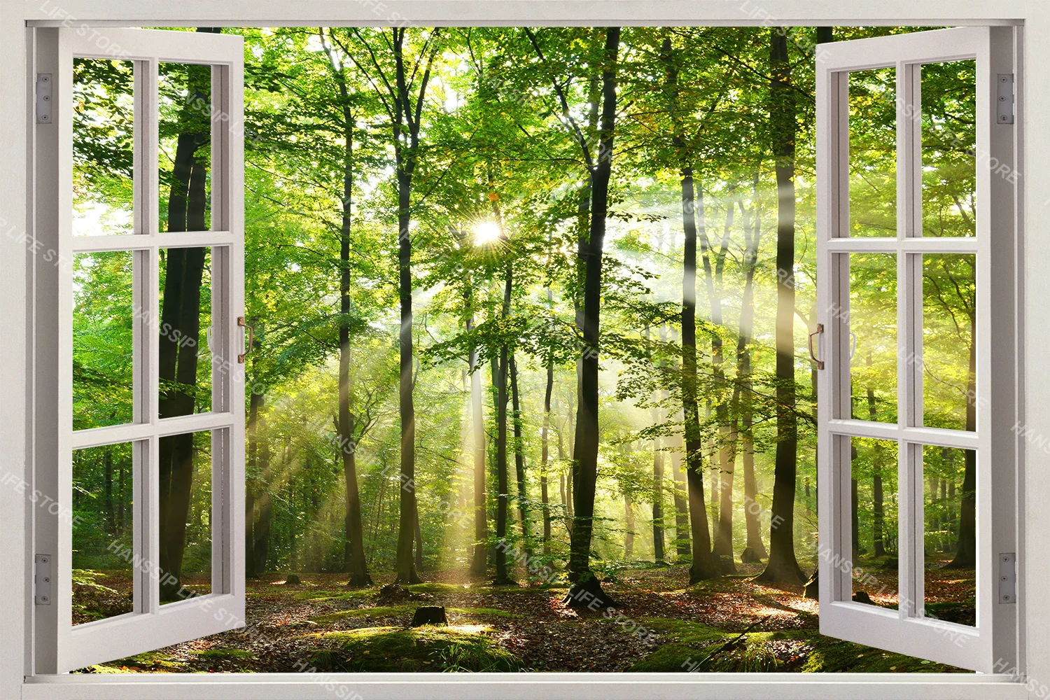 Imitation Window Sunshine Forest Landscape Wall Sticker Self Adhesive PVC Cherry Blossom Seascape Mural for Living Room Bedroom