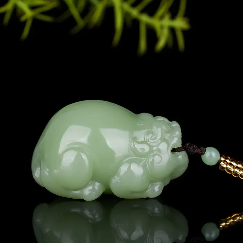 Natural Hotan Jade pixiu Dragon Three Dimensional Pendant Necklace Jewellery Accessories Hand-Carved Luck Amulet Handle piece