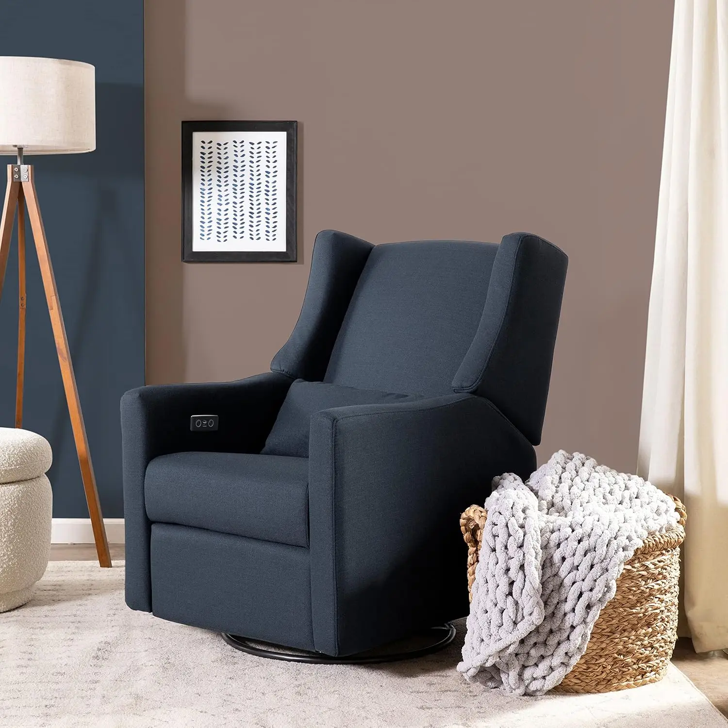 Kiwi Electronic Power Recliner and Swivel Glider with USB Port in Performance Navy Eco-Twill, Water Repellent & Stain Resistant