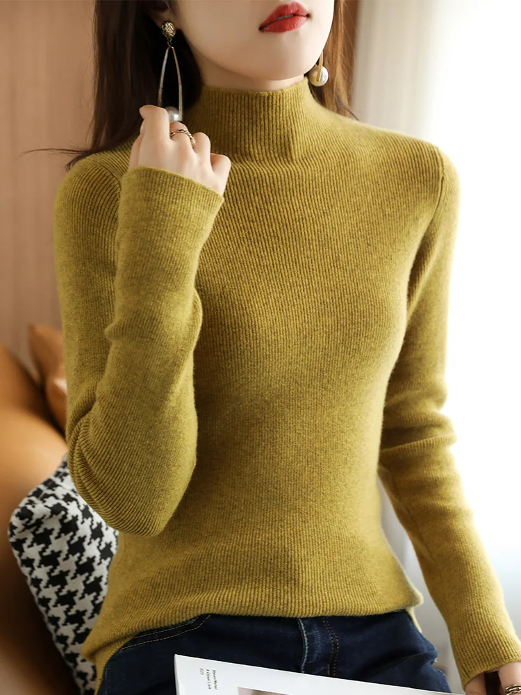 

Spring 2025 Women's f High Collar Knitted Wool Sweater Slim Pure Color Base irt Dstring Inner Wear Outer Wear
