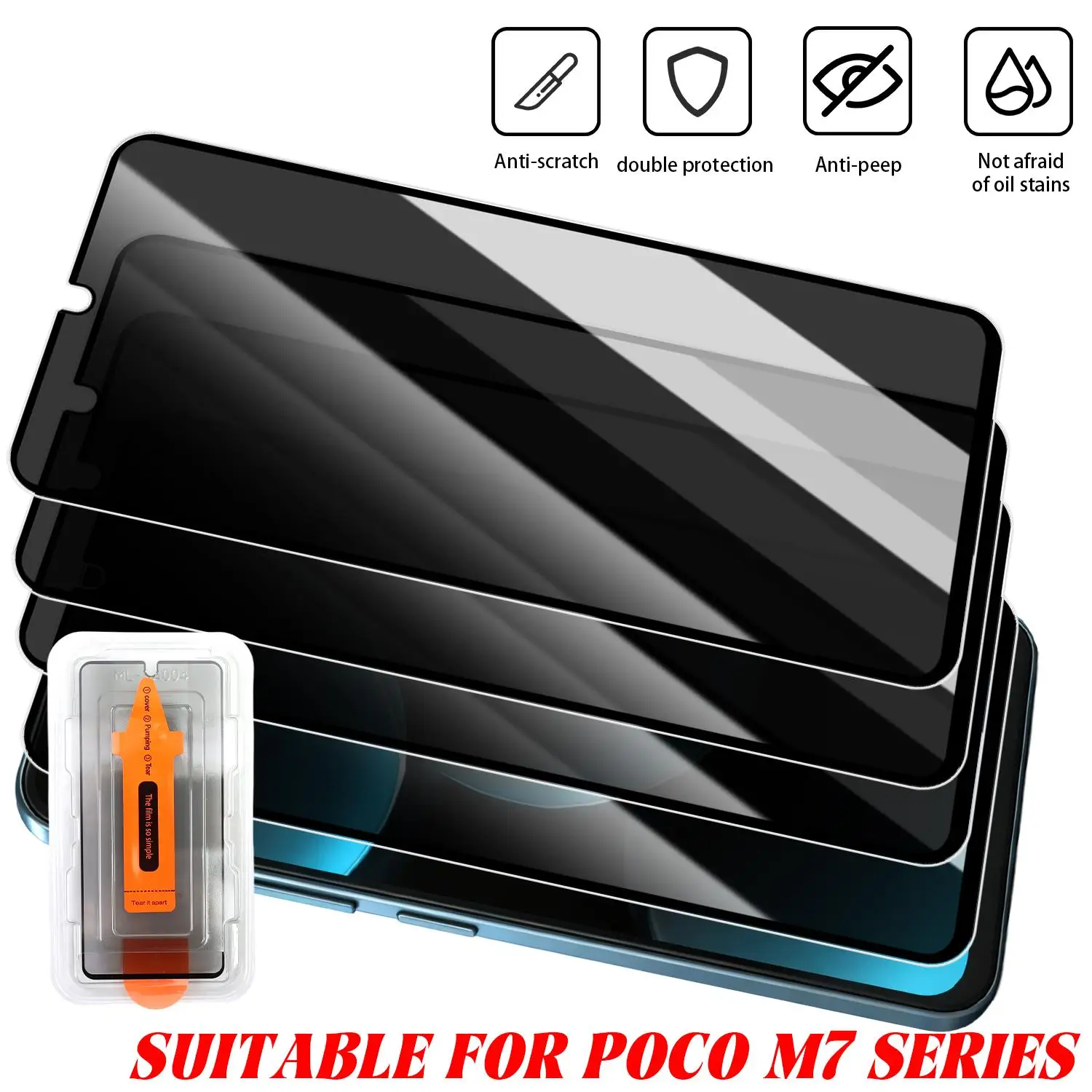 

1-3Kit Privacy/Clear Dust Free Easy Installion Screen Protectors For Xiaomi Mi Poco M7 M7Pro Anti Spy Tempered Glass Films