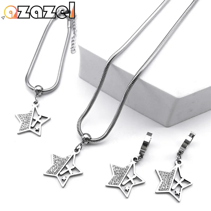 

Crystal Star Cross Charm Jewelry Set Stainless Steel Snake Chain Necklace Bracelet Hoop Earring Wedding Accessories Party Gift