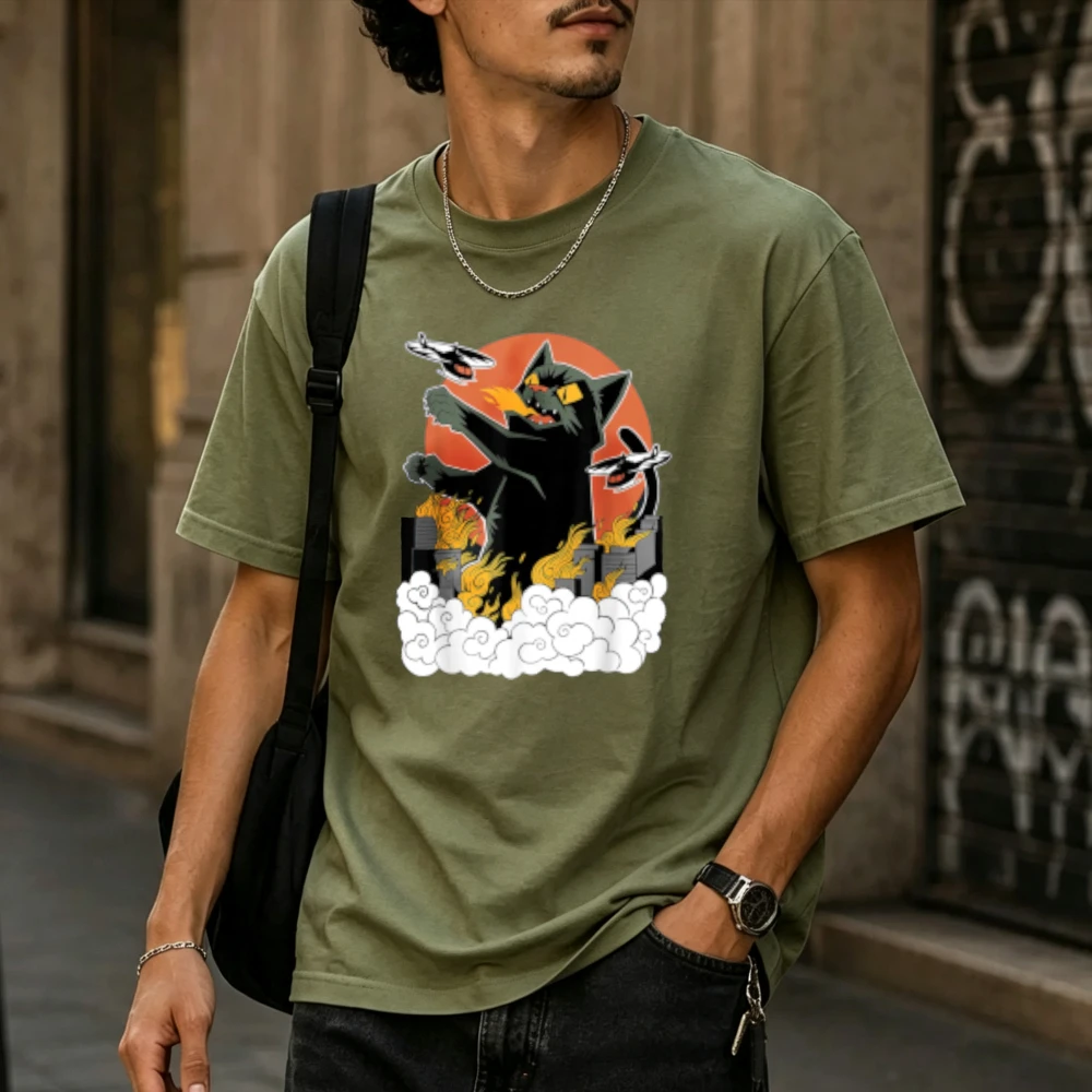 Kaiju Giant Monster Black Cat Destroy City Retro Sunset Graphic T Shirt Men Cotton Short Sleeve Funny Cartoon Style Casual Tees