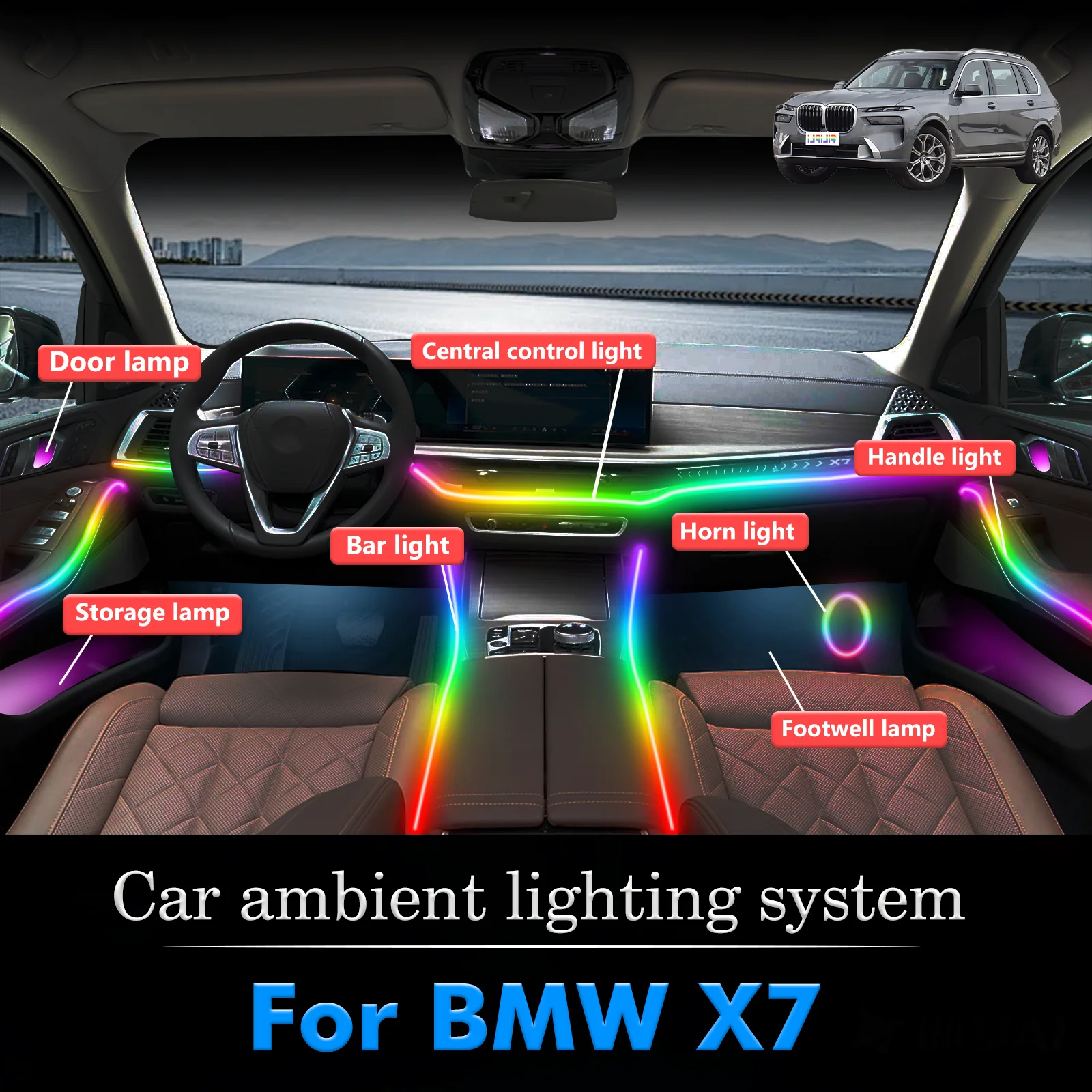 

For BMW X7 Car Interior Ambient Light RGB 64-Color LED Smart Remote Control Energy Saving Efficient Lamp Set