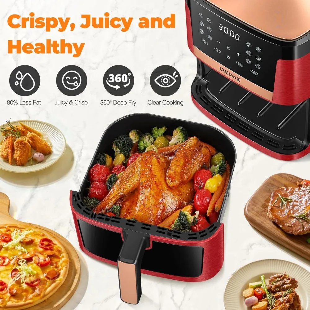 Air Fryer 7.5 QT 1700W Oilless Oven หม้อทอดไร้น้ํามันเพื่อสุขภาพหม้อทอดอากาศความจุขนาดใหญ่พร้อมการตั้งค่าล่วงหน้า 12 แบบ หน้าต่างทําอาหารที่มองเห็นได้ (สีแดง-M)