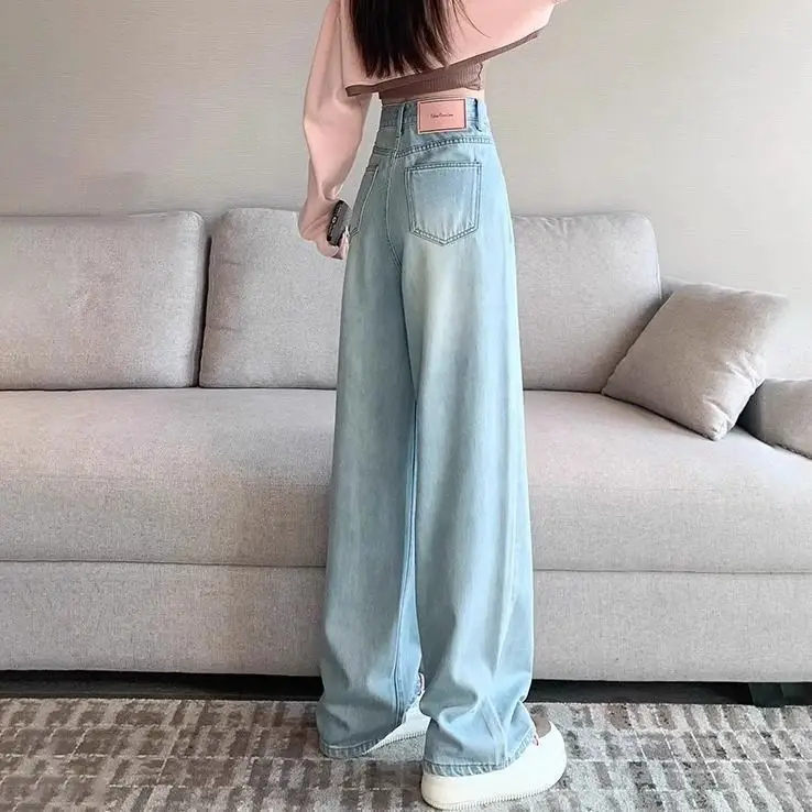 

Light-colored narrow wide-leg jeans for women, new autumn style, high-waisted, slimming, straight-leg, floor-length pants
